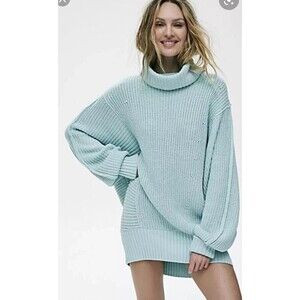 Free People Cocoa Oversized Slouchy Turtleneck Sweater/Dress Light Blue Sz S